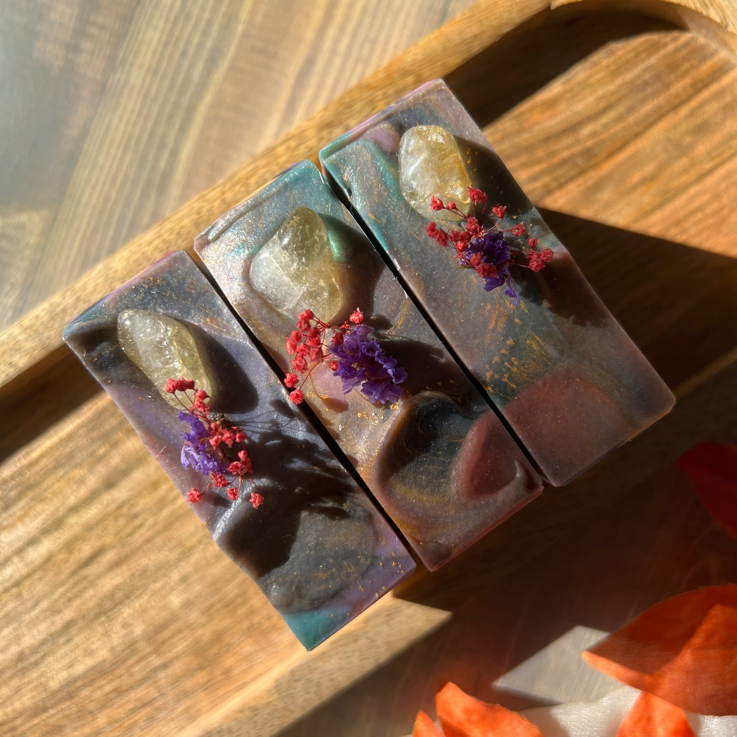 Handmade soaps from Lather and Soul, infused with real crystals