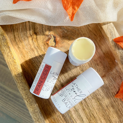 Cran Cider organic lip balm by Lather and Soul, in an eco friendly paperboard tube