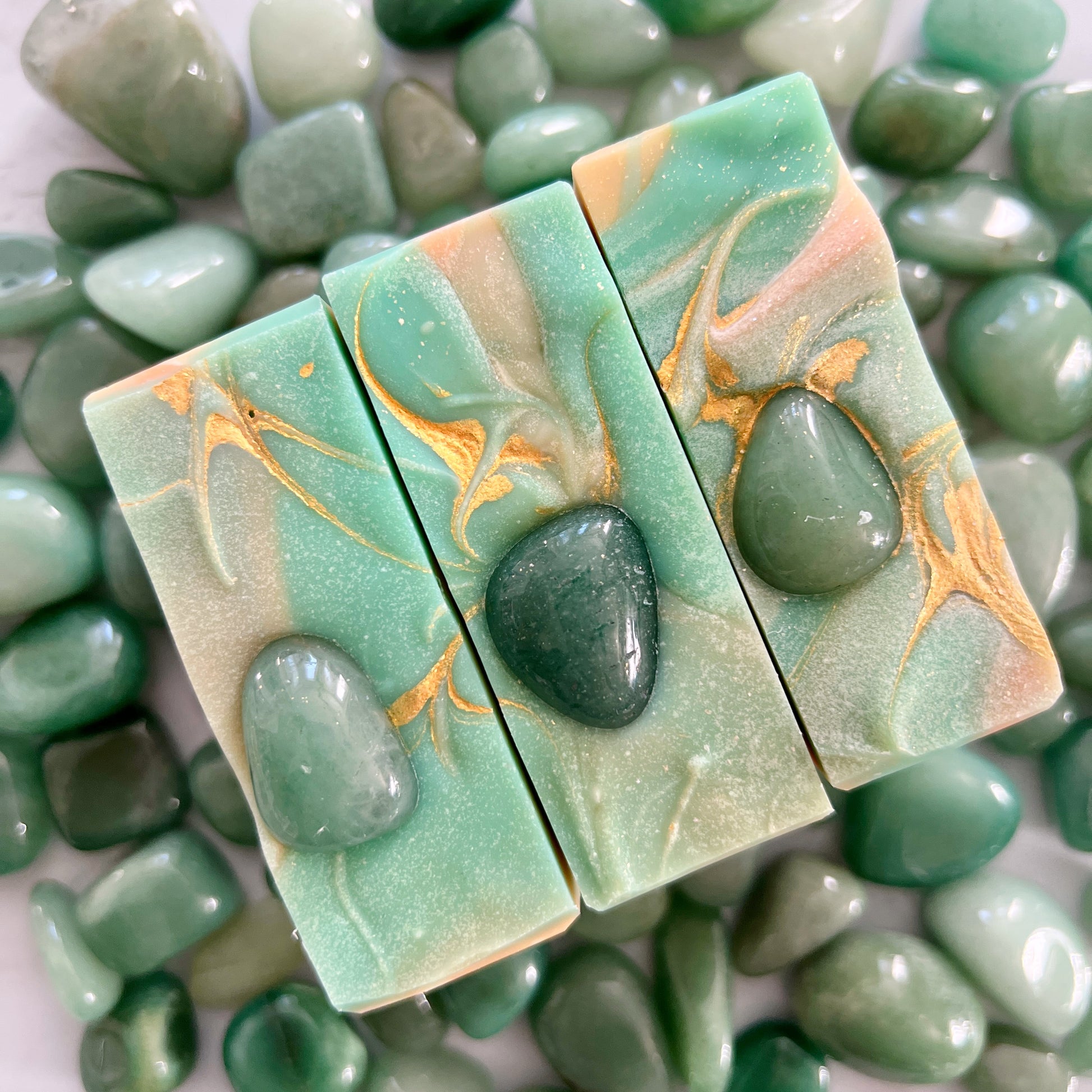 Namaste Lucky crystal soaps from Lather and Soul Skincare, with genuine green aventurine.