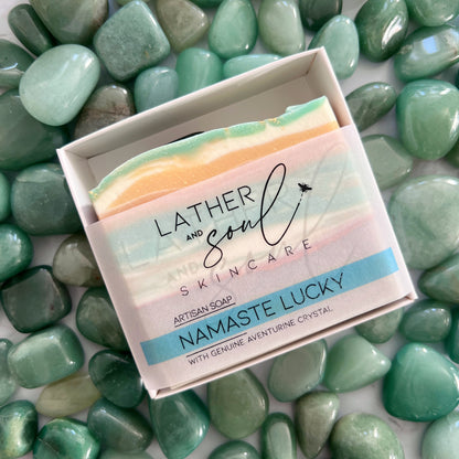 Lather and Soul's green aventurine crystal soap in packaging