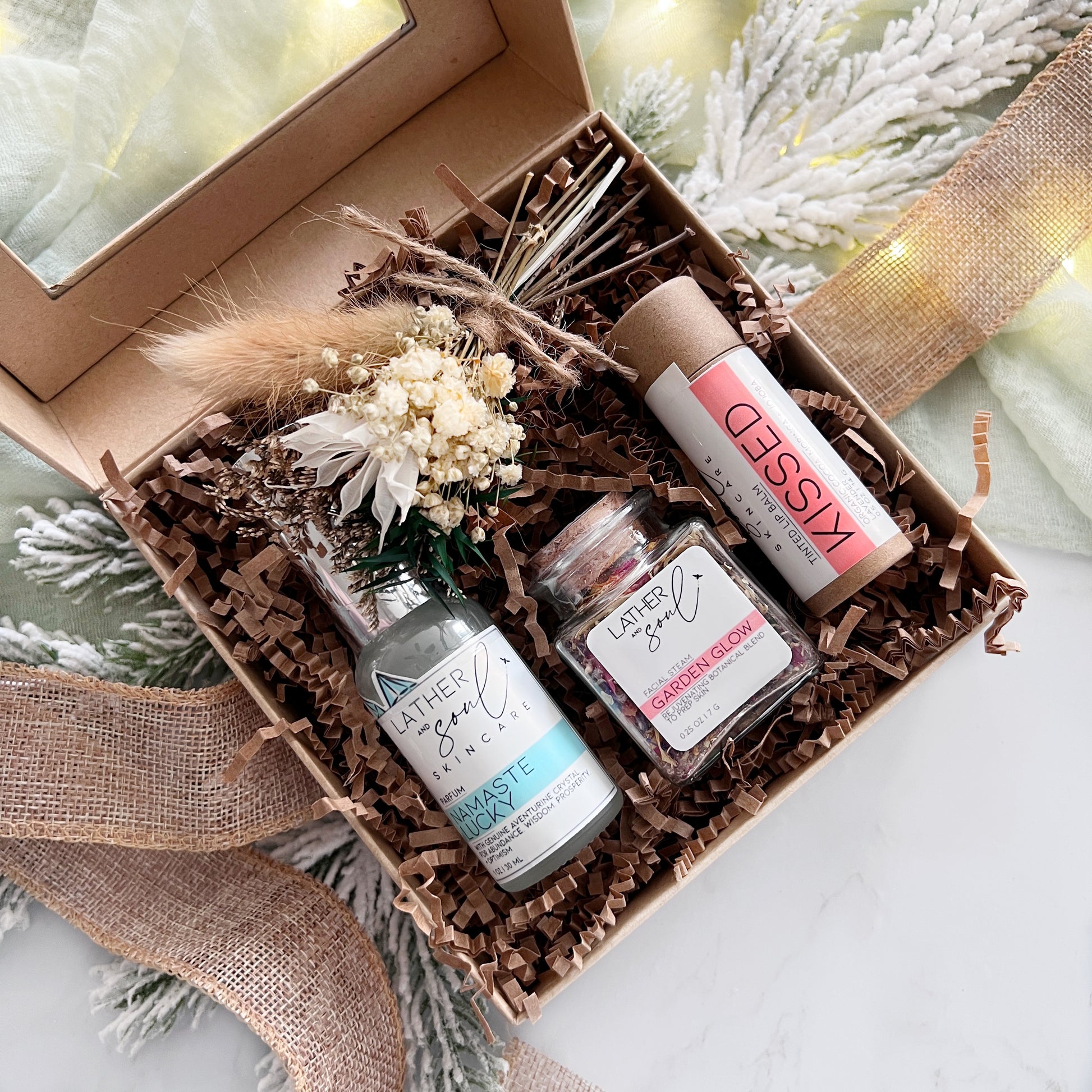 Gift box with self care products for the holidays 