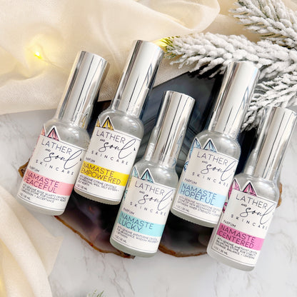 A collection of fine fragrance infused with genuine crystals from Lather + Soul
