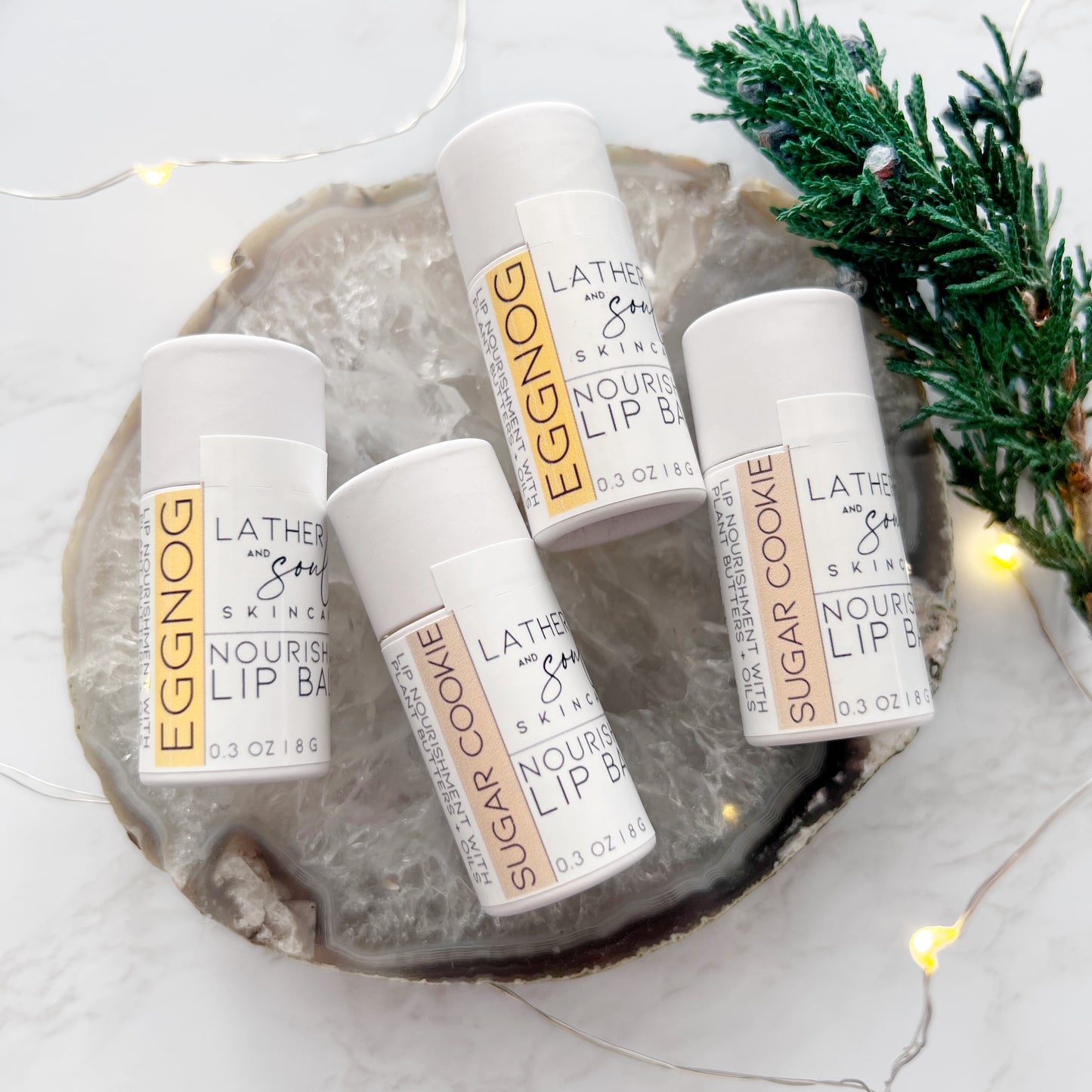 Holiday lip balms in eco friendly tubes