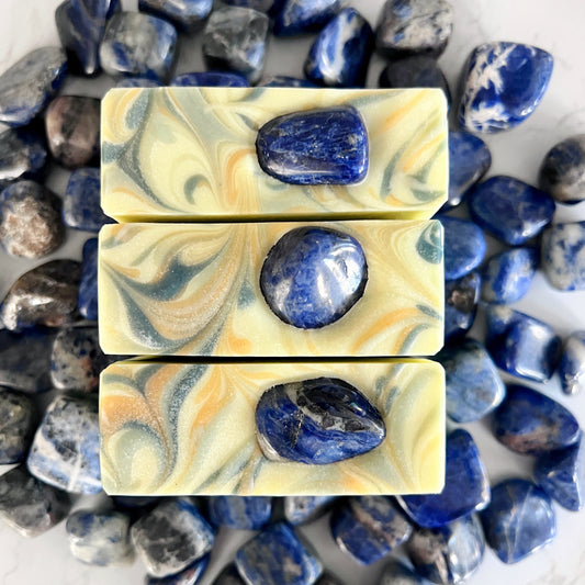 "Namaste Intuitive" crystal soap with real sodalites on top