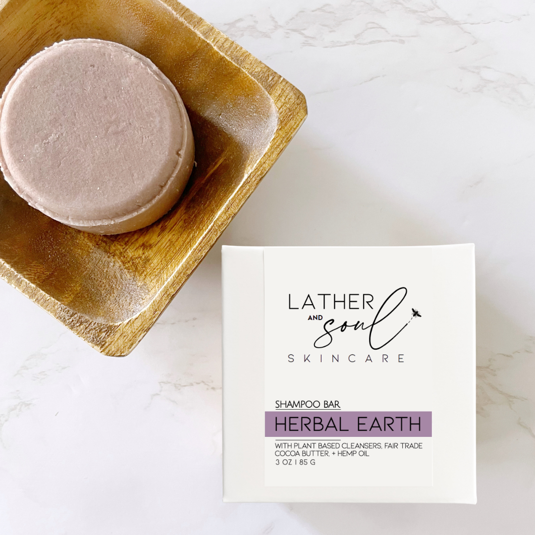 Eco friendly shampoo bar from Lather and Soul Skincare, made from plant based ingredients.