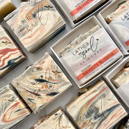 Lather and Soul Skincare's crazy lace agate crystal soaps, Namaste Blissful.