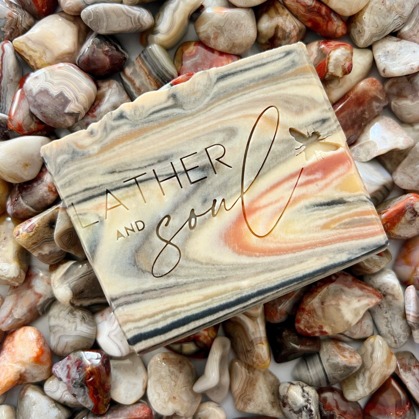 Crystals soaps with crazy lace agate, handmade by Lather and Soul Skincare