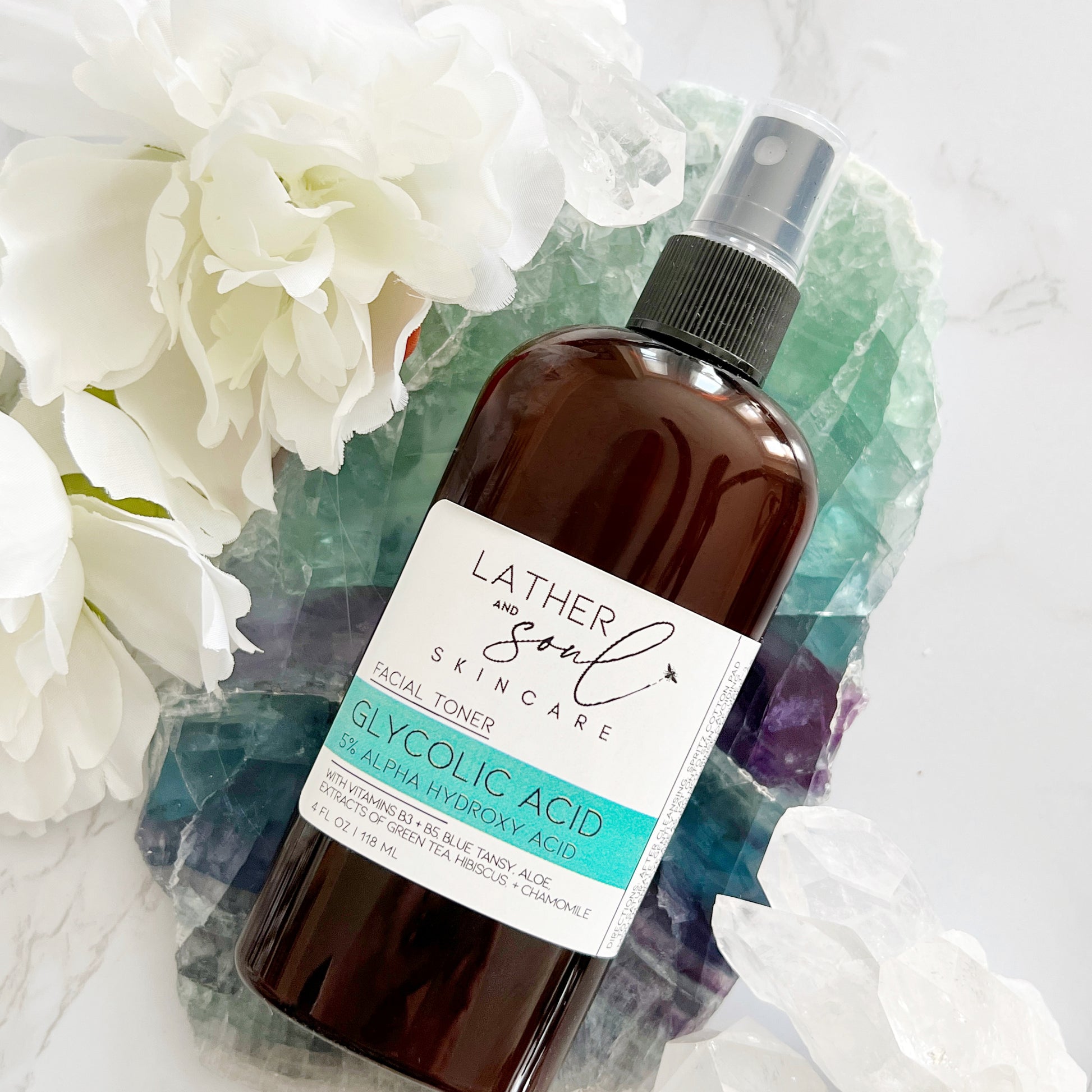 Facial toner with glycolic acid for smoother, younger looking skin, by Lather and Soul Skincare.