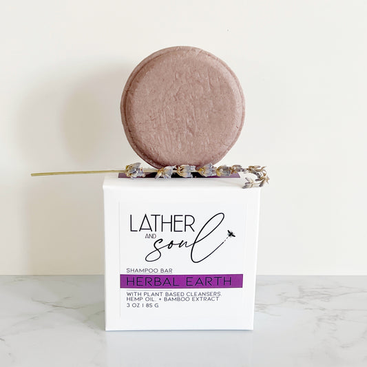 Eco friendly shampoo bar from Lather and Soul Skincare, made from plant based ingredients.