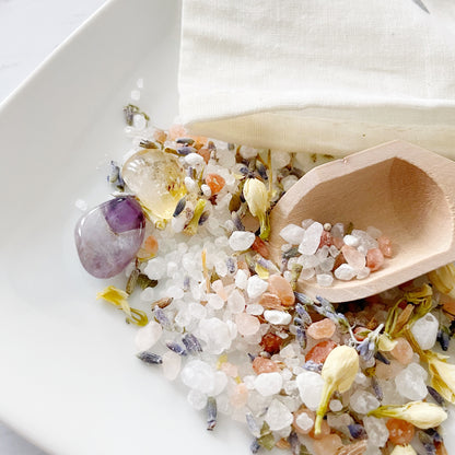 Sleepy Time Tub Tea bath salts with nourishing ingredients and genuine crystals. 