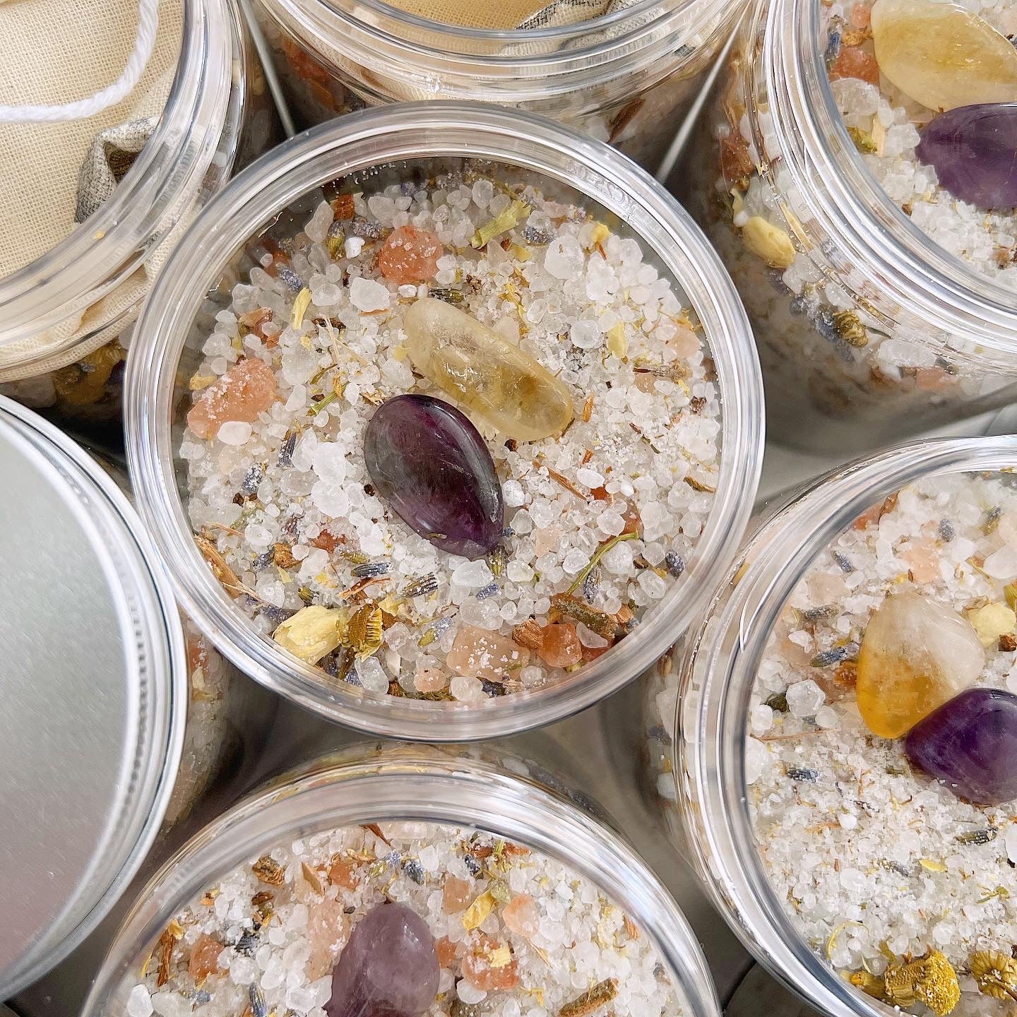 Handcrafted Bath Soaking Salts with amethyst and citrine.
